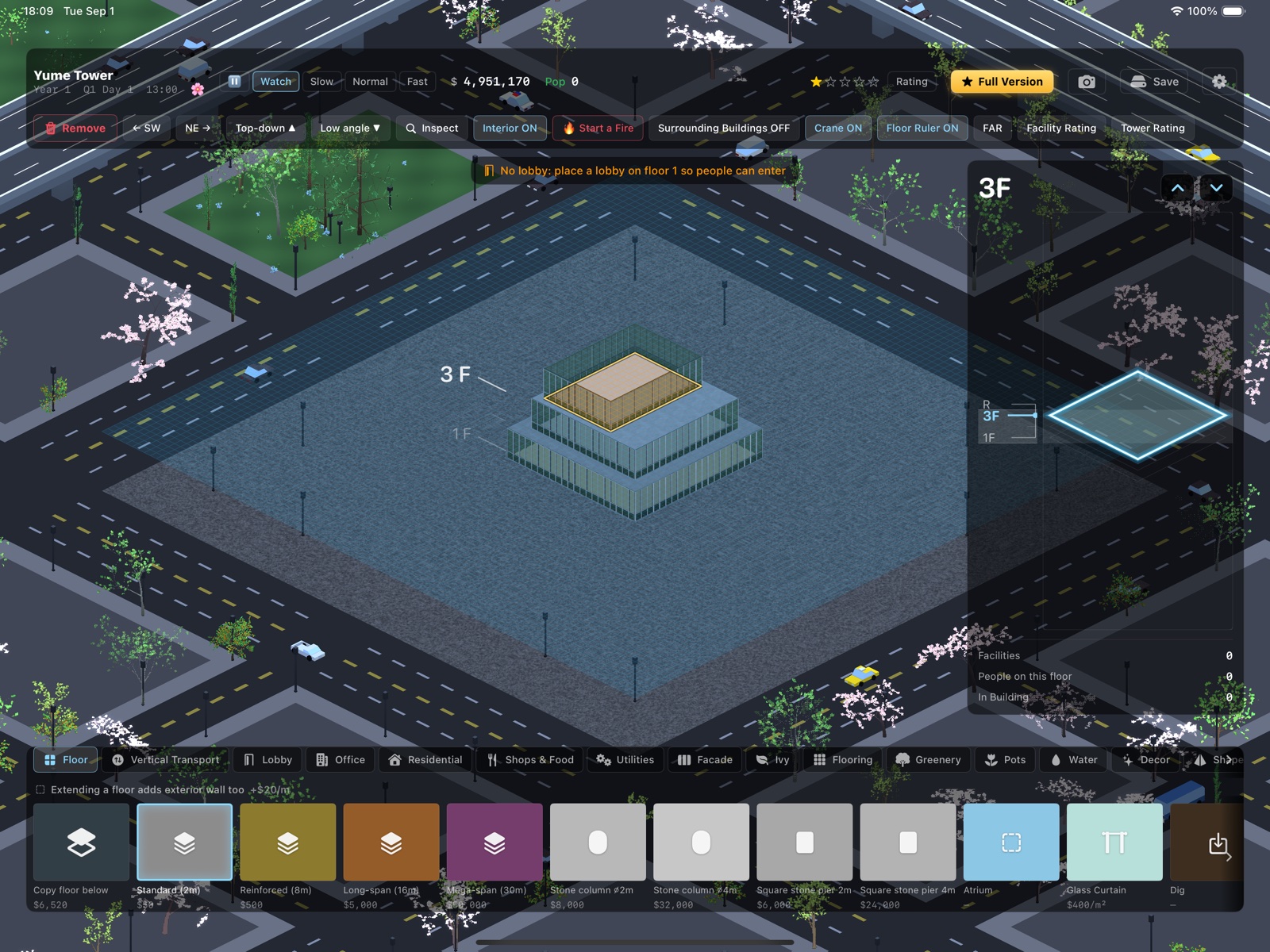 Dragging a floor plate on an empty plot with the cyan placement grid visible
