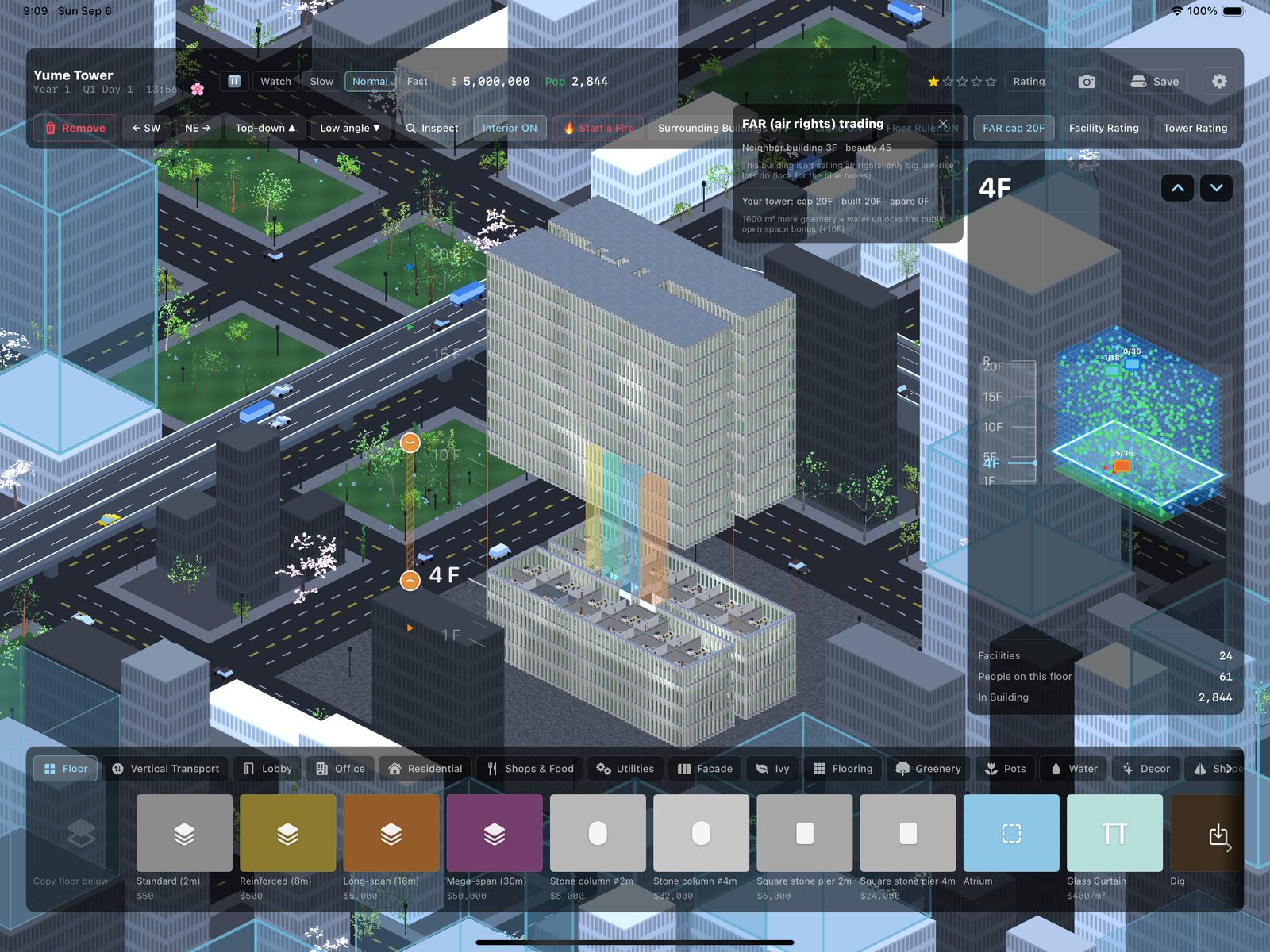 FAR mode with a neighbouring building selected: the trading panel shows the neighbour's floors, the price, and your tower's cap, built height and spare floors