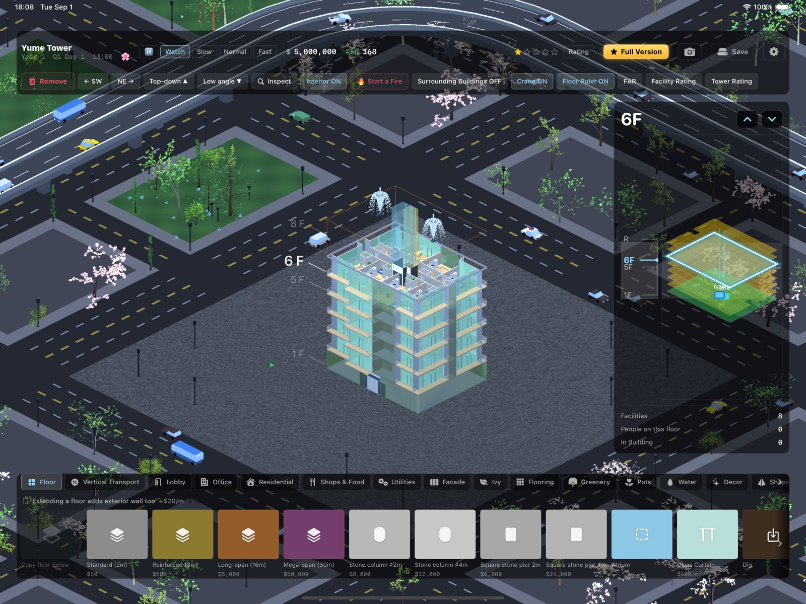 The main screen: tower in the city, top bar with clock and money, floor ruler on the right, palette at the bottom