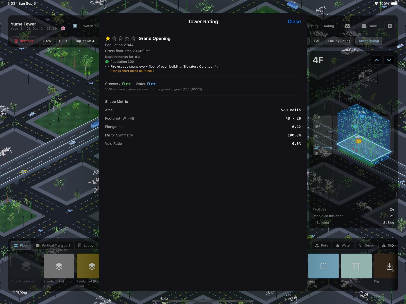 The tower rating sheet with stars, population, gross floor area and the next star's requirements