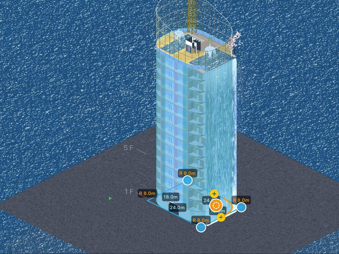 The facade shape editor with a corner radius puck being dragged on a tower