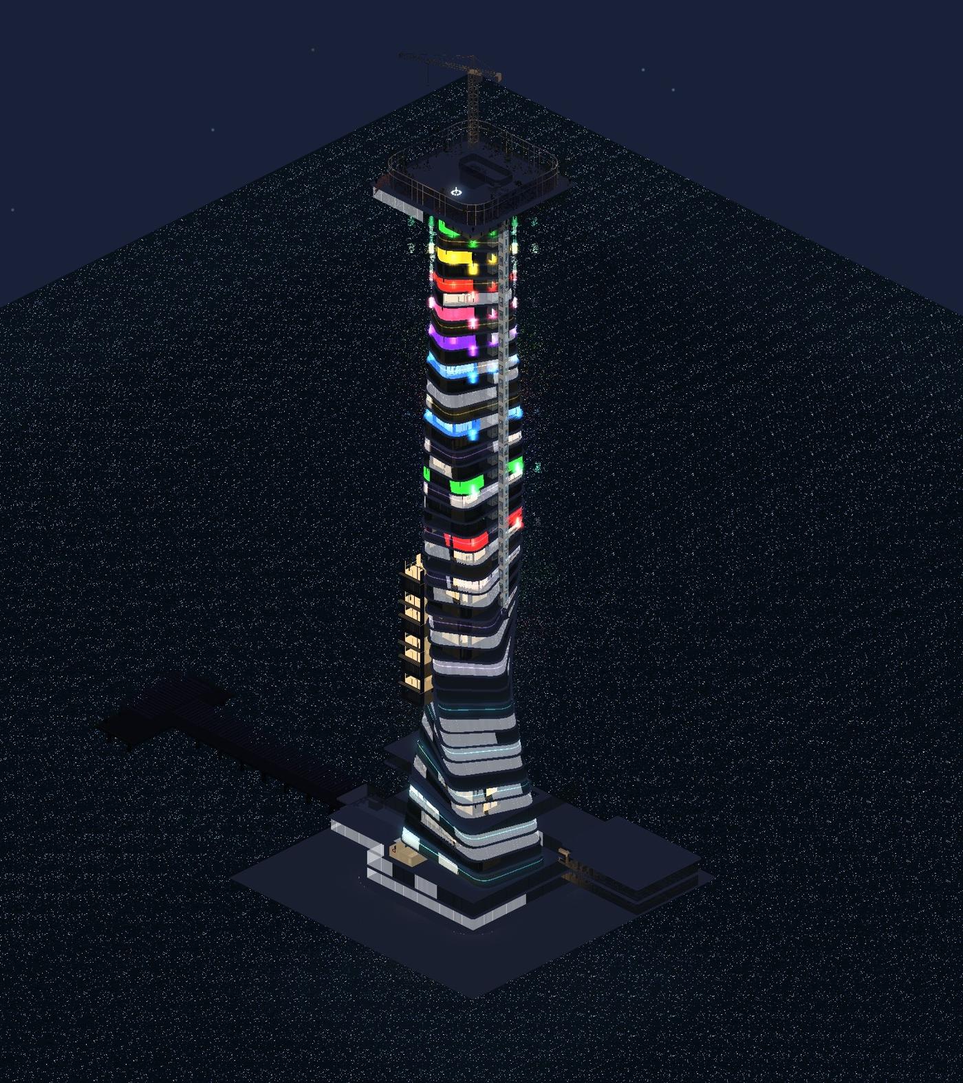 The sea city site at night: a tower on a floating plot surrounded by ocean