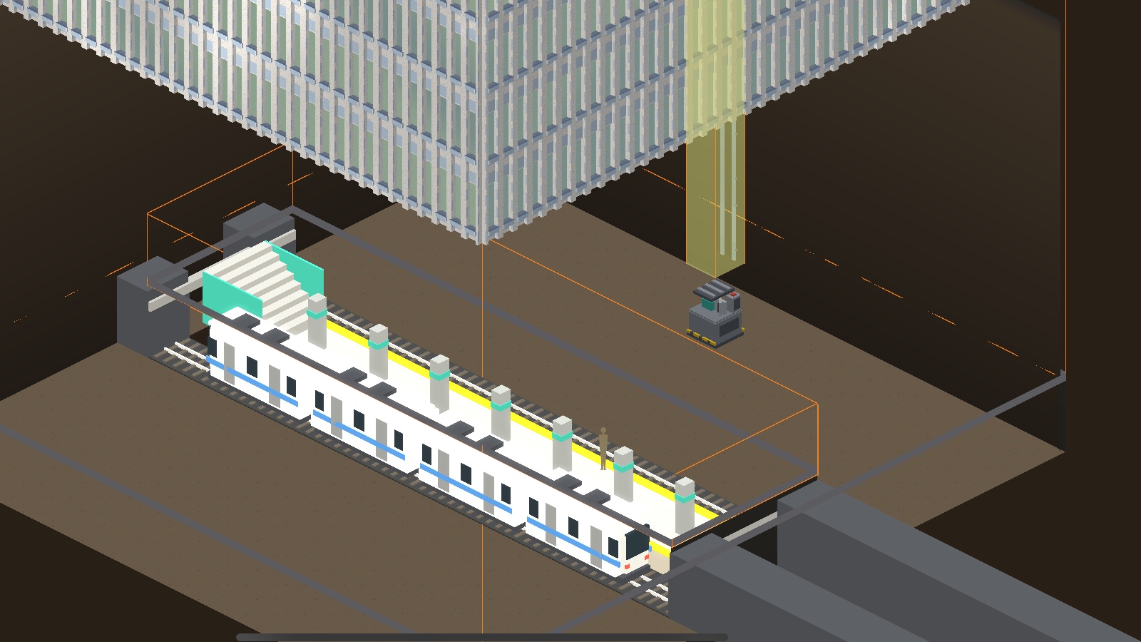 An underground subway concourse and platform with a train, seen in the cutaway