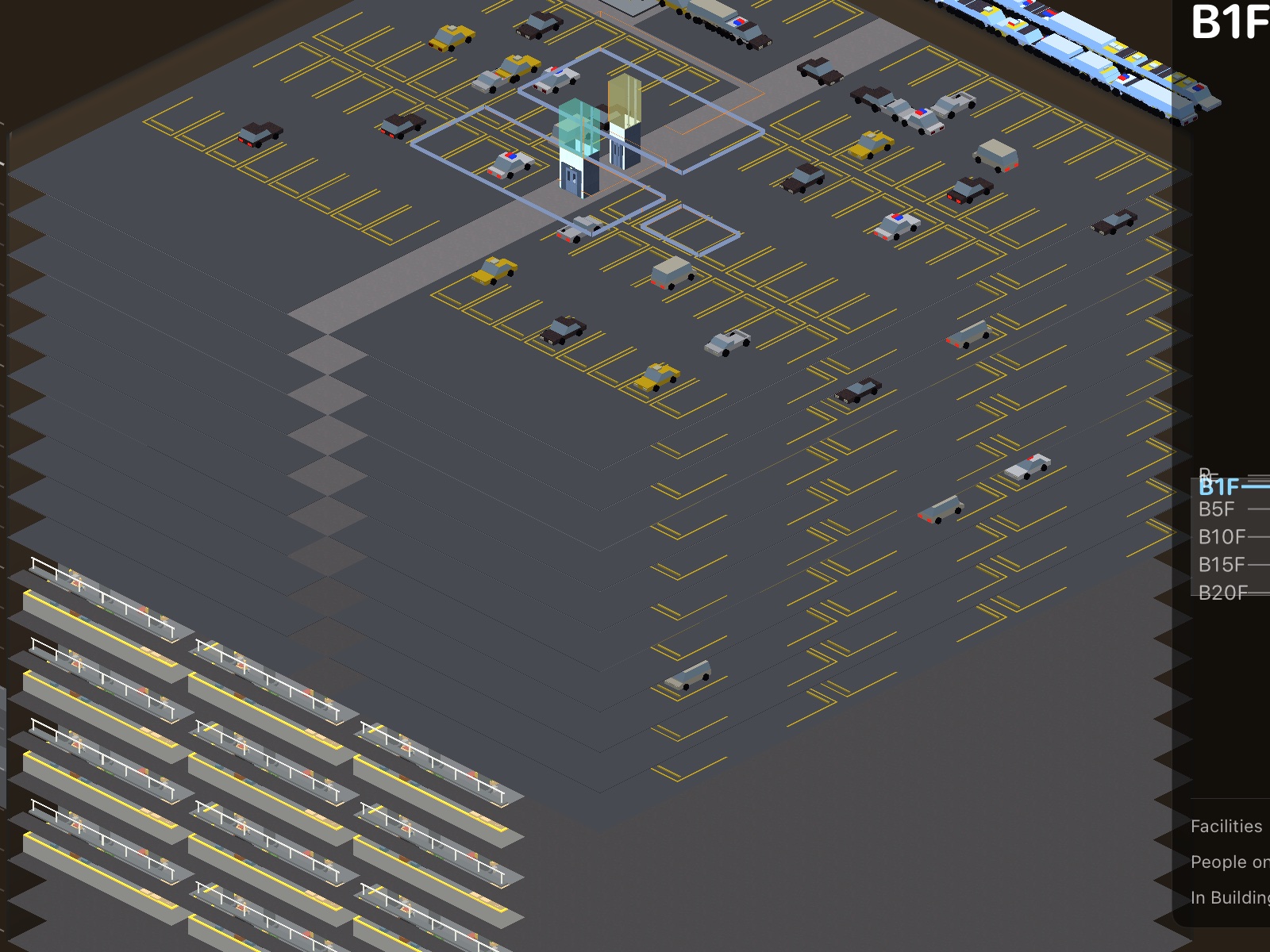 Basement floors in the cutaway: a parking level full of cars with a ramp from the street
