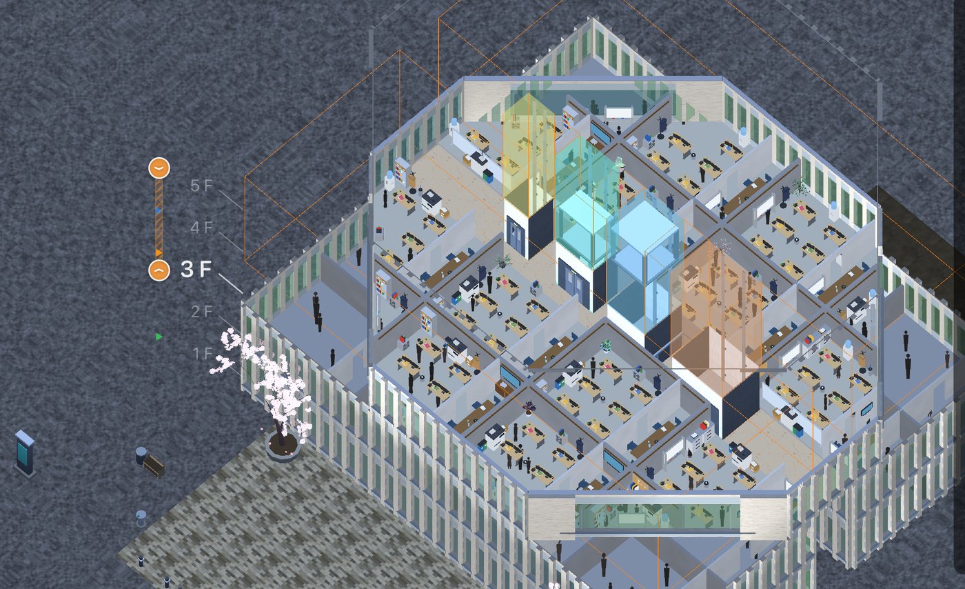 The same floor after the building corners were rounded, with the corner offices laid out again to fit
