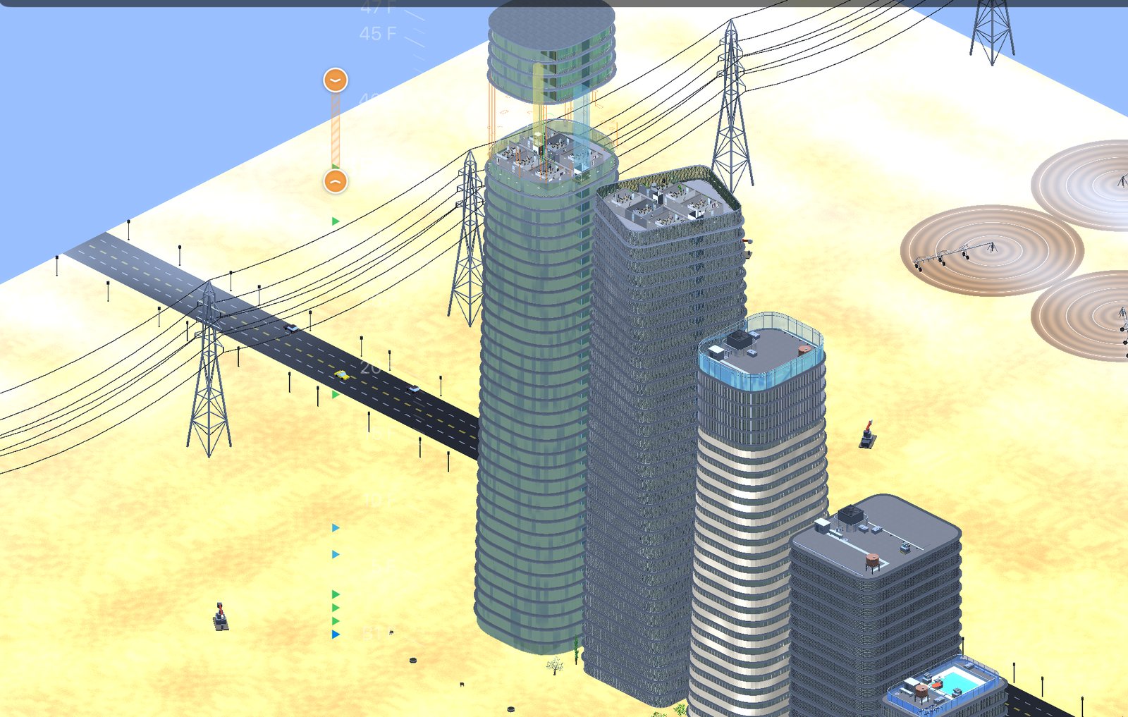 Glass towers over desert with crop circles and power lines
