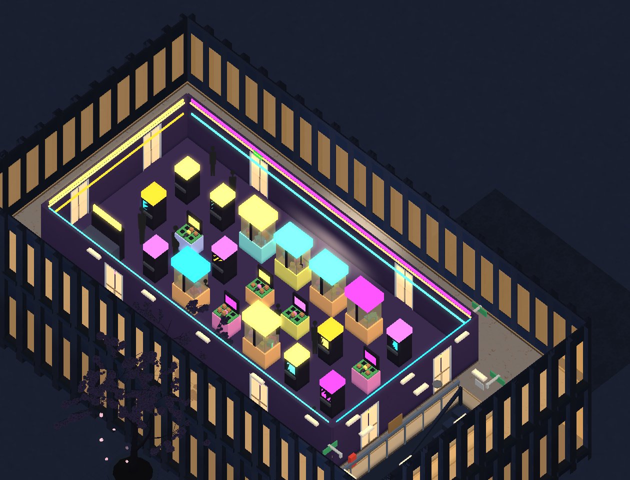 An arcade floor glowing with neon cabinets and claw machines