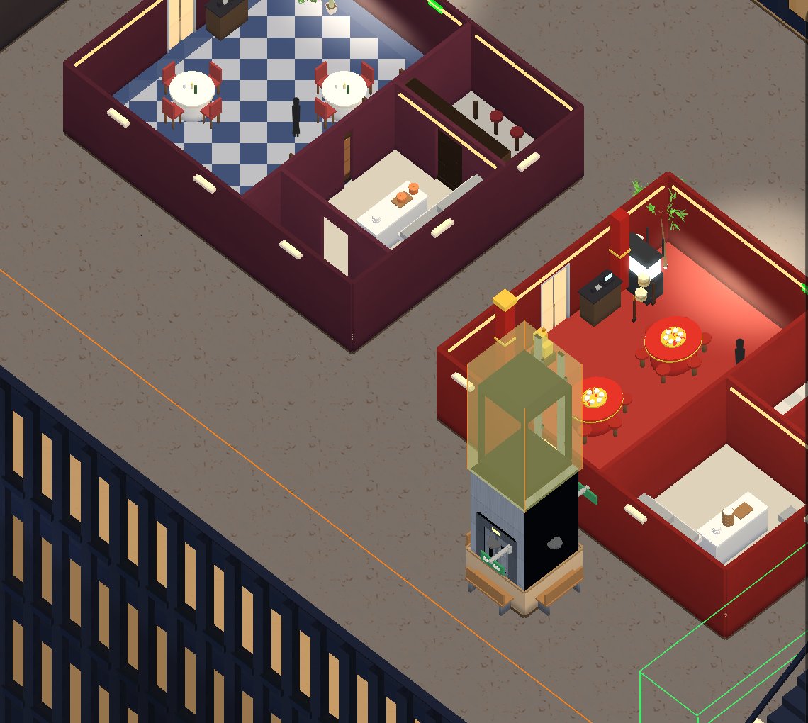 A French dining room with a checkerboard floor next to a red Chinese restaurant at night