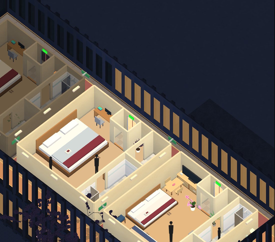 Three warm-lit hotel rooms at night with guests