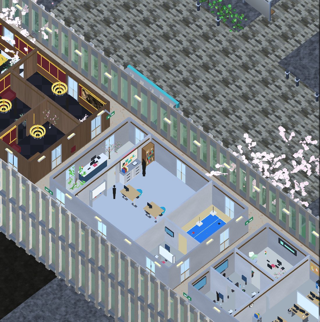 An office floor with a panelled executive suite, an open-plan office, a meeting room and cubicles