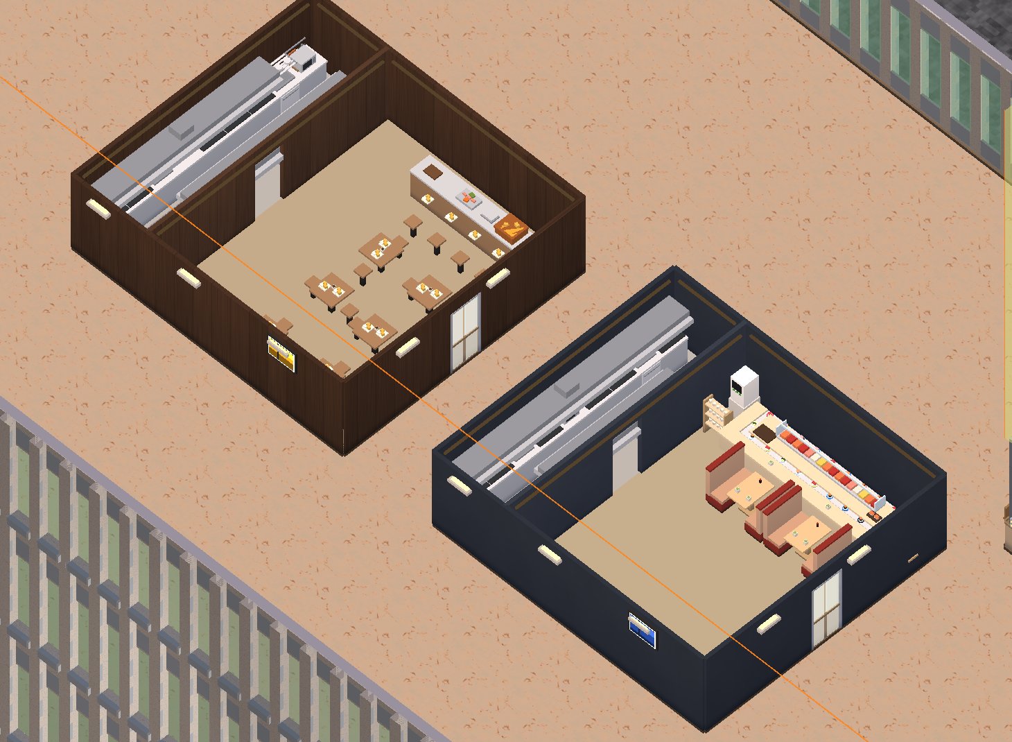 A sushi restaurant and a tempura restaurant seen from above at lunchtime