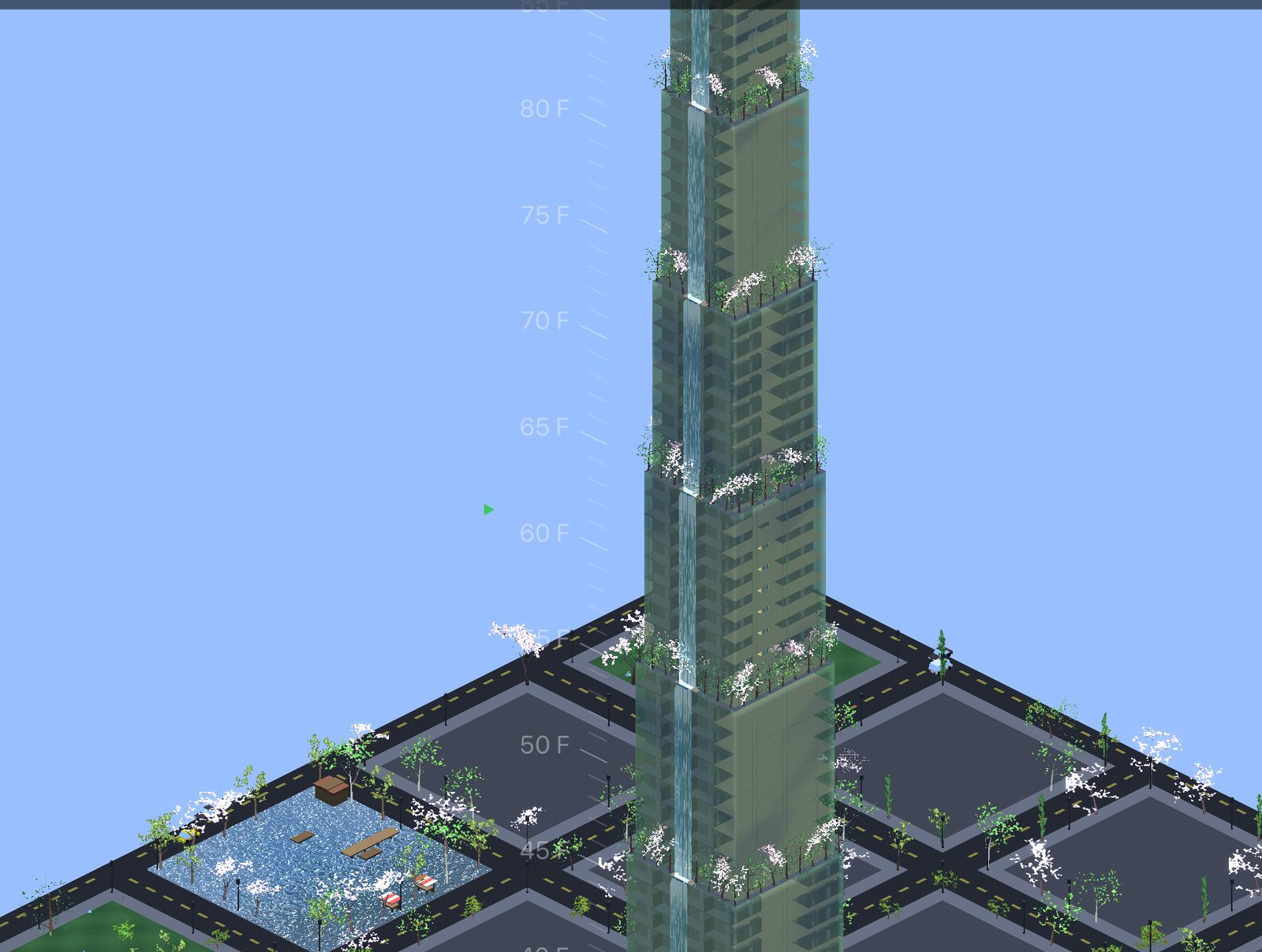 A stepped glass pyramid tower with water cascading down its terraces