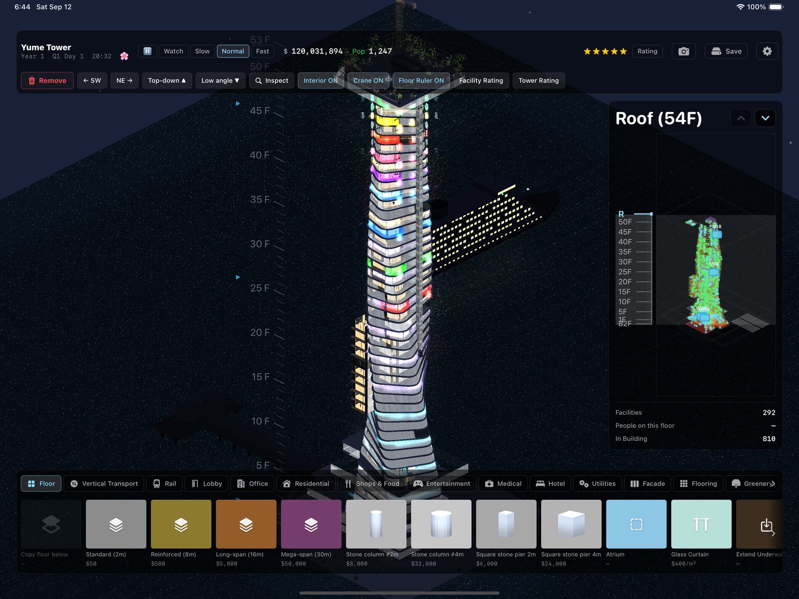 The sea tower at night with coloured facility lights